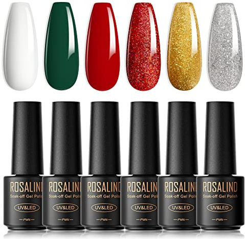 ROSALIND UV Nagellack, 6 Farben Glitzer Grün Gold Rot Weiss Mini Gel Nagellack Set Soak-Off UV Gel Nail Polish Geeignet für Anfänger Nail Art Salon DIY Home,Weihnachten Geschenke