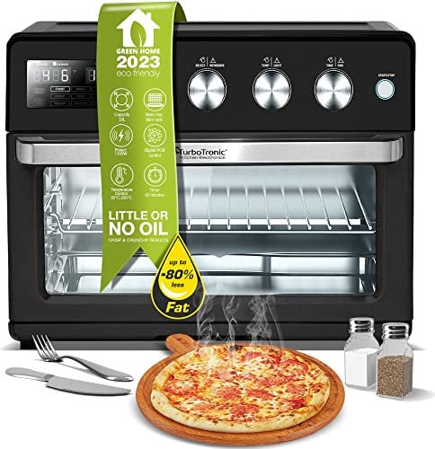 TurboTronic digitaler Heißluftofen - XXL 32 Liter mit Drehspieß für Hähnchen 5 in1 Mini Backofen, Dörrer & Power Heißluftfritteuse Airfryer ab 25°C