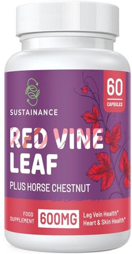 Red Vine Leaf Extract 600mg & Horse Chestnut Extract 50mg Supplement for Leg, Vein, Circulation, Heart, Skin - 60 Vegetable Capsules (1 Bottle)