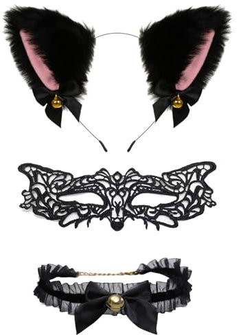Fuchsohren Haarreif, Katzenohren Haarreif, Fox Ears, Katzen Ohren Halloween Haarschmuck mit Fuchsmaske, Glöckchen Choker Schwarz, Cat Ears Glöckchen Haarschmuck für Kinder Erwachsene Cosplay