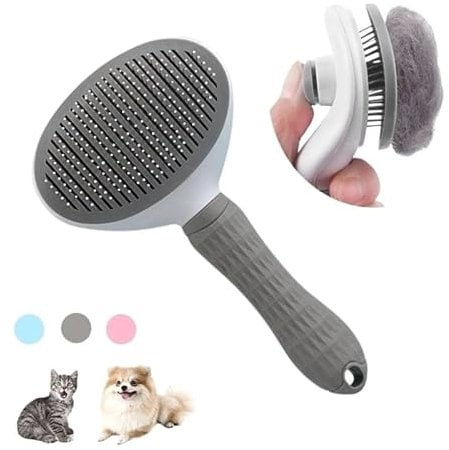 Pet Grooming Brush - Self-Cleaning Deshedding Tool for Cats and Dogs With Non-Slip Handle (GREY)
