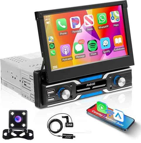 1G+32G Android Autoradio 1 Din con DAB DAB+ Navi GPS WIFI 7 Pollici Retrattile Automatico Touchscreen Autoradio con Mirror Link Bluetooth FM/RDS/USB/OBD2/DVR Commandes au Volant Telecamera Posteriore