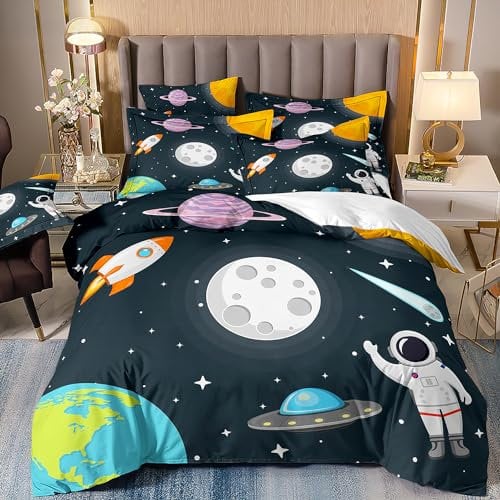 Freyamy Rakete Bettwäsche 135x200cm 2teilig Schwarz Bunt Weltall Astronauten Kinderbettwäsche Weltraum Rocket Jungen Kinder Bettwäsche Microfaser Bettbezug mit Reißverschluss und Kissenbezug 80x80cm