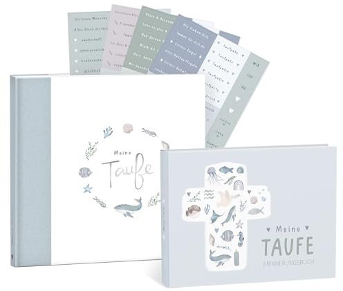 mintkind® Taufe Geschenkset Wal Meine Taufe Erinnerungsbuch + Gästebuch mit Stickerset I 153 Seiten zum Selbstgestalten für Erinnerungen zur Taufe I Geschenk zur Taufe Junge & Mädchen