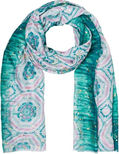 styleBREAKER Damen Schal Batik Muster mit Metallic Streifen, Leichtes Boho Style Tuch mit kurzen Fransen 01016230, Farbe:Aquagrün-Rosa