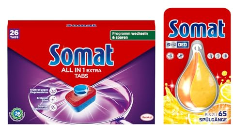 SOMAT Tabs 26 AW all in 1 Extra, Geschirrspül Tabs für strahlende Sauberkeit, bekämpfen selbst eingetrocknete Rückstände + Somat Duo Power Experten Deo Perls 60 AW Zitrone & Orange Duft 17g