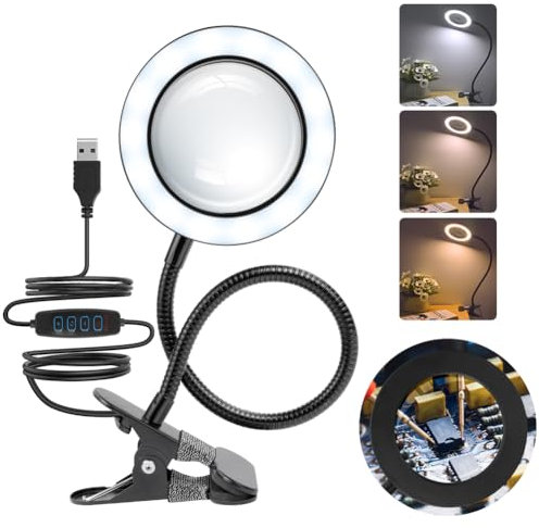 URAQT Lámpara de Lupa, Lupa de 3X Aumentos Luz de Lectura, 3 Colores 10 Brillo Luz de Cuello de Cisne Flexible de 360°, Lámpara LED USB Portátil para Tatuaje, Manicura, Belleza, Lectura para Mayores