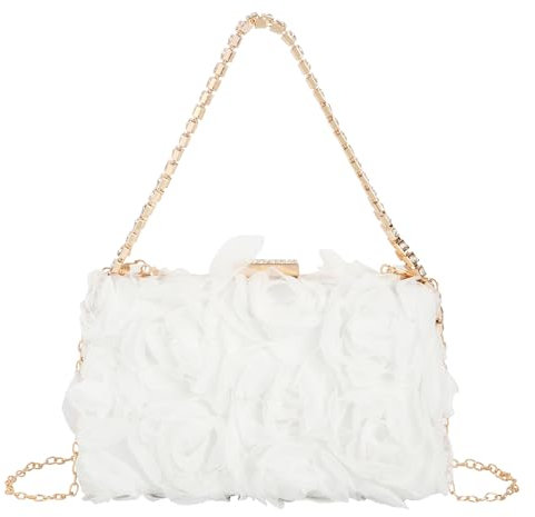 MilyaDE Damen Clutch Tasche Chiffon Blumen Brauttasche Hochzeit Handtasche Henkeltasche Abendtasche mit Strass Henkel Kette, Weiß