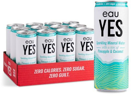eauYES - Sparkling Mineral Water with a hint of Pineapple & Coconut (12 x 330ml), All Natural, Zero Sugar, Zero Calories & Zero Sweeteners, Vegan & Keto Friendly, Eco-Friendly Brand