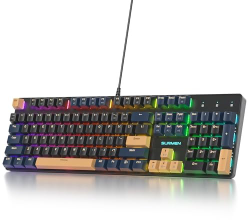 Surmen - Full-size creamy keyboard with number pad, RGB wired mechanical gaming keyboard backlit with PBT keys, linear red switch for laptop,