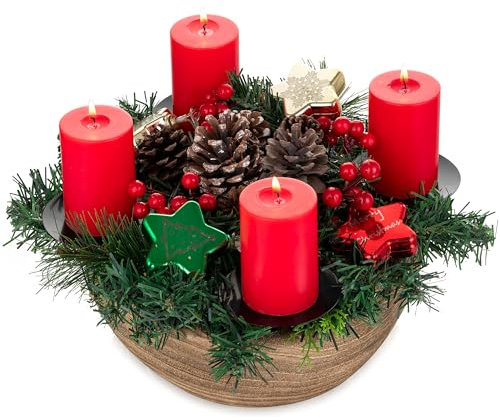Hanobe Adventskranz Holz für Weihnachtsdeko Adventsgesteck: Rund Adventskerzenhalter mit 4 Kerzenständer für Adventsgestecke Deko - Klein Adventsschale Kerzenhalter für Weihnachten Adventsdeko