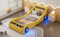 KAZZIO 90x200cm Einzelbett, Kinderbett, Jugendbett, Polsterbett in Form eines Autos mit leuchtenden Rädern und Stauraum, PU, Gelb