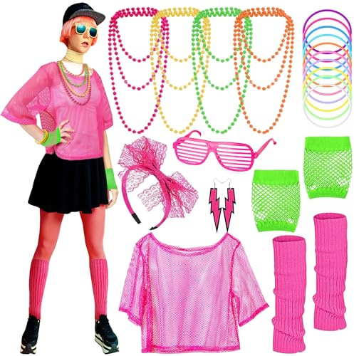 Edmirfun Déguisement Annees 80 Accessoire Femme,Disco Costume Vetement Fête,Boucles d'oreilles,Lunette,Bracelet,Colliers,Jambières,Gants en résille,Bandeau noeud,Année 80 90 Thème Soirée Carnaval