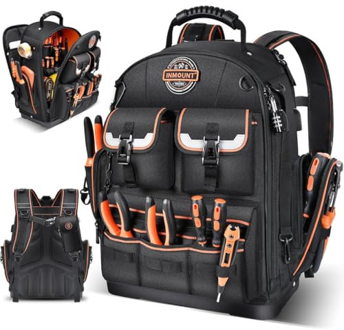 Tool Backpack and Tool Bag, Heavy Duty with 89 Pockets & Loops, Laptop Compartment, Combination Lock & Molded Waterproof Base – Ideal for Electricians, HVAC, Maintenance & Construction Pros（Black)