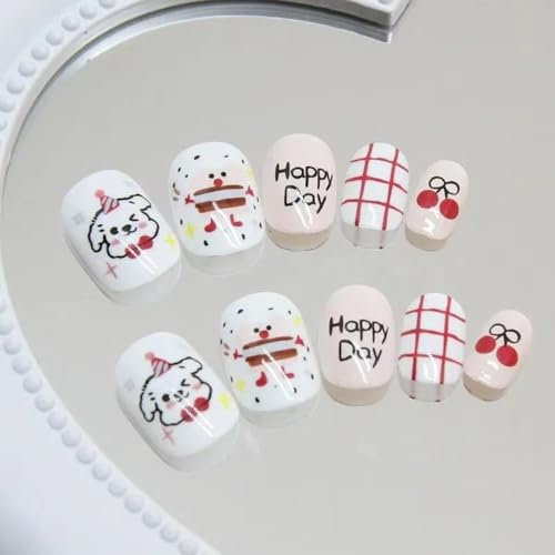 Ztcily Faux ongles Enfant, Faux ongles Blanc et Rouge, Faux ongles Court Carrés, Faux ongles Autocollants, Accessoire ou Idée Cadeau Noël Nouvel An Anniversaire