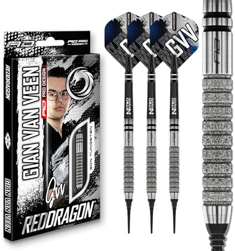 RED DRAGON Darts – Professioneller Spieler - Gian Van Veen Tour Edition - 90% Wolfram - 18g Fass / 20g Volles Gewicht Weiche Spitze Dart-Set mit Dart Flüge und Dartschäfte