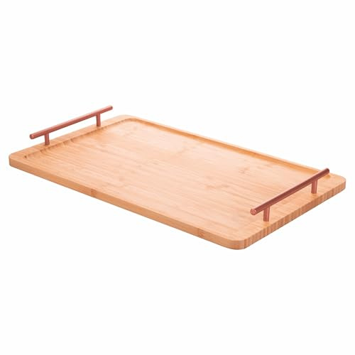 Bandeja Rectangular de bambú, 50 x 30 cm, Asas Oro Rosa, Natural