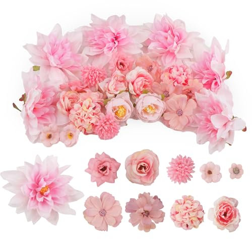 JTgugu 26 Stück Kunstblumen Köpfe 2-10cm Künstliche Blumenköpfe Verschiedene Sorten Blumen Mini Fake Kunstblume Blütenköpfe Künstlich Dekoblumen für DIY Hochzeit Party Tortendeko Handwerk Deko, Rosa