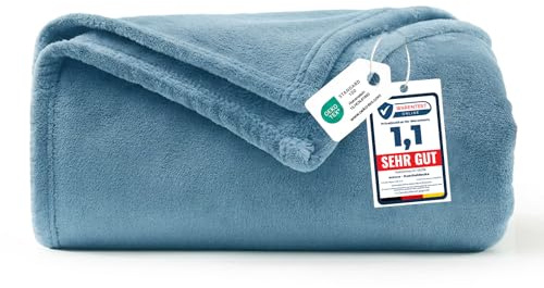 WAVVE Kuscheldecke Grau Blau Decke – Flauschige Fleecedecke 130x150 cm, Kleine Warme Sofadecke & Wohndecke, Weicher Sofaüberwurf für Couch & Bett
