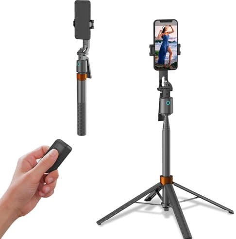 Treppiede per rilevamento del viso con rotazione a 360 gradi, supporto per fotocamera per telefono, 177,8 cm, senza bisogno di app, con telecomando e controllo gestuale per iPhone, Android, Live
