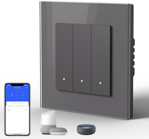 BSEED Lichtschalter Glas Smart WiFi Wechselschalter Compatibel mit Google Home und Alexa Neutrale Leitung Benötigt, 3 Fach 1 Weg, 86mm Grau