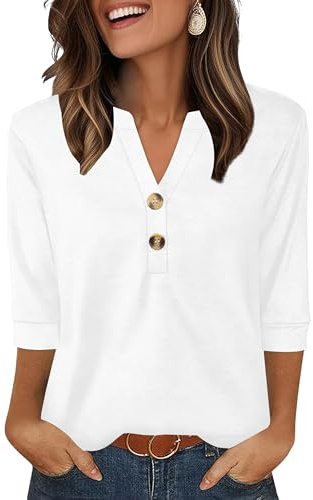 Aokosor Womens 3/4 Sleeve Tops Ladies Blouse V Neck Tunic Long Sleeve T Shirts Curved Hem Office Wear White Top Plus Size 18-20 for UK