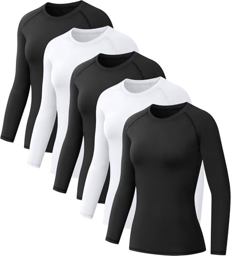 5 Pack Women's Compression Shirts Long Sleeve for Workout & Baselayer L | Moisture Wicking, Quick Dry, 4-Way Stretch, Tight Fit, Crew Neck Underscrub, Yoga Gym Running Fitness Athletic Tops