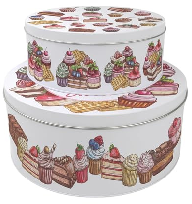 Purely Home Something Sweet Set of 2 Cake Tins Gift - Cupcakes & Brownies Nesting Round Large & Medium Metal Storage Containers for Baking