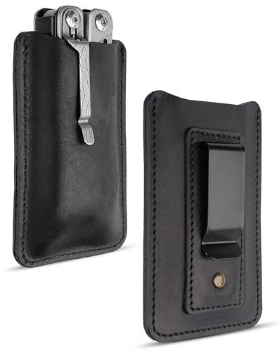 VIPERAED PJ37 Leather Knife Sheath for Belt, Multitool Sheath with Belt Clip, EDC Leather Holster for Pocket Knife Multitool