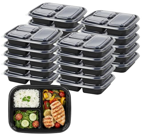 Taylor & Brown Meal Prep Containers 20 Pack 3 Compartment, 1000ml (35oz) BPA Free Reusable with Lids - Microwave, Freezer & Dishwasher Safe - Stackable Storage Food Lunch Boxes, Black