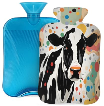 Mexpekil Wärmflasche mit weichem Flanellbezug, 2 l, großer Wärmbeutel zur Schmerzlinderung, warme Hände, Füße und Körper, ideales Geschenk für Erwachsene und Kinder (Aquarell-Kuh, gepunktet)