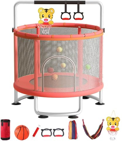 Trampoline d'intérieur et d'extérieur réglable pour enfants de 1 à 6 ans avec panier de basket-ball, balançoire, sac de sable, balles océaniques, filet de fermeture (rose)