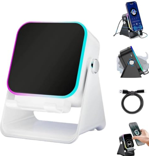 5-in-1 Wireless Induction Bluetooth Speaker with Adjustable Phone Stand, 8 RGB Ambient Light, 360° Adjustable Phone Holder, Rechargeable Wireless Induction Bluetooth Speaker For All Phones (White)