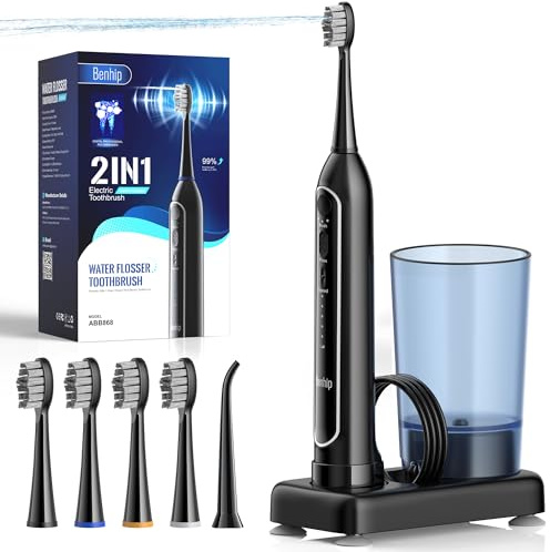 Elektrische Zahnbürste mit Wasser Flosser Combo - 3 Zahnbürsten-Modi & 5 Wasserseidedruck - Schnelles Aufladen & IPX7 Wasserdicht - Tragbares Reiseetui inklusive