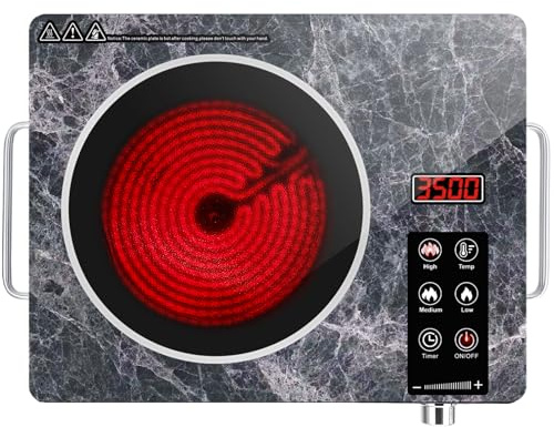 Alemania 3500W Ceramic Electric Hob, Portable Camping Stove, Plug In Hob | 17 Power & Temp Levels, 1–3H Timer, Touch & Knob Control, 60–700°C Temp Mode, Overheat Protection, Marble-Pattern Glass
