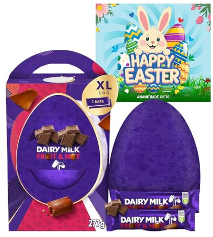 Large Dairy Milk Fruit & Nut Chocolate Easter Egg 273g - Includes 1 Extra Large Chocolate Shell & 2 Fruit & Bars, Gift for Easter - Adults & Kids Easter Egg Hunt
