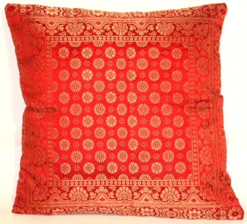 Kashmir Handicrafts Indische Dekorativ Banarasi Seidene Kissenbezüge 40 cm x 40 cm (Rot), Extravaganten Design für Sofa & Bett Dekokissen, Kissenhülle aus Indien