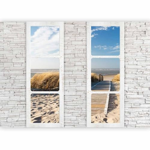 Papier peint murando panoramique paysage 350x256 cm - Revêtement mural décoration pour chambre salon - Design moderne - Jaune vert gris - Vue sur la plage depuis la fenêtre c-A-0066-a-d