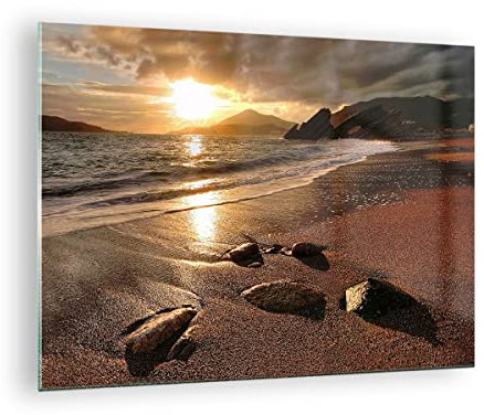 Moderne Impression sur Verre Plage nuages soir côte Image Tableau en Verre Decoration Murale 70x50cm Deco Cadre Salon Chambre Cuisine Horizontal Petit Tableaux Decoratifs Muraux Art Wall GAA70x50-2527