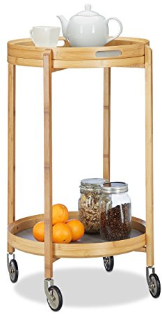 Relaxdays Servierwagen Bambus, runder Rollwagen mit Serviertablett, 2 Ebenen, 4 Räder, 80 cm hoch, Ø 45 cm, natur/grau