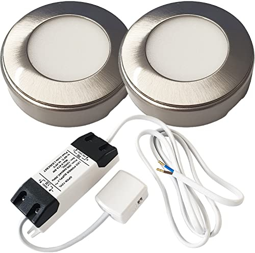 2 PACK | BRIGHT 2.6W LED Under Cabinet Spot Lights & Driver Kit | STAINLESS STEEL & NATURAL WHITE | Surface Mounted Fitting | Kitchen Work Countertop Cupboard Unit Down Light | Modern Round Lighting