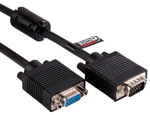 rhinocables VGA Extension Cable 15m – 15 Pin VGA Male to Female Lead to Connect Monitor, PC, Laptop, Projector | High-Performance Shielded Video Cable | Black Computer Screen Connector