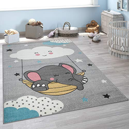Paco Home Kinderteppich, Teppich Kinderzimmer Niedliches Baby-Elefant Motiv, Grau, Grösse:160x220 cm