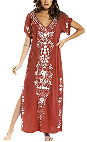 Bsubseach V Neck Short Sleeve Swimsuit Cover Up for Women Swimwear Side Split Beach Kaftan Caftan Dress Rust Red