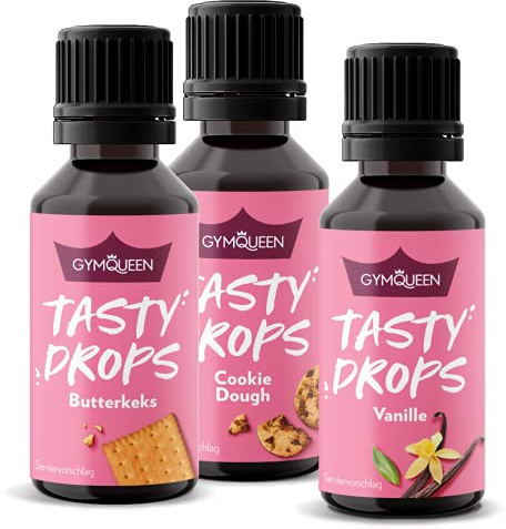 GymQueen Tasty Drops, 3x30ml, Butterkeks, Cookie Dough, Vanille, Flavour Drops ohne Kalorien