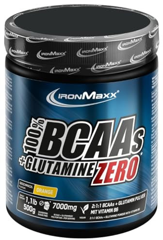100% BCAAs + Glutamine Zero Orange 500g BCAA Pulver hochdosiert - Veganes & zuckerfreies Aminosäuren Pulver mit Vitamin B6, 6000mg BCAAs und 1000 mg Glutamin pro Portion
