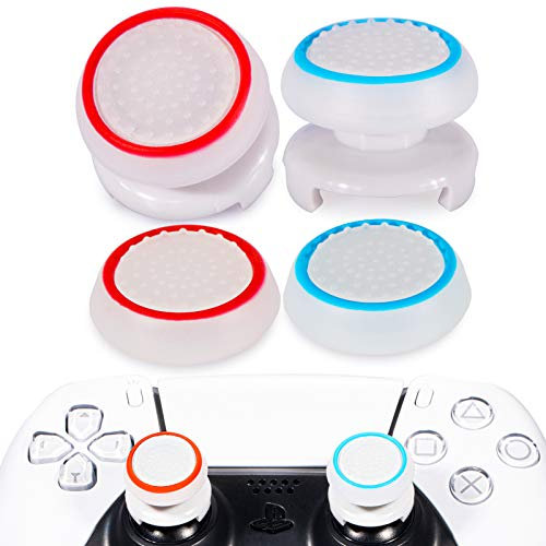 Playrealm FPS Lot de 2 rallonges de joysticks et 4 coques en silicone pour manette PS5 Dualsenese et PS4 Rouge transparent et bleu