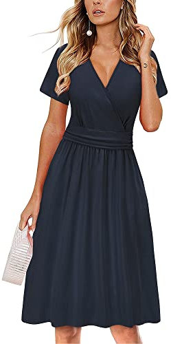 OUGES Damen Sommerkleid Kurzarm V-Ausschnitt Knielang Midi Kleid mit Taschen(Marine, M)