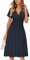 OUGES Damen Sommerkleid Kurzarm V-Ausschnitt Knielang Midi Kleid mit Taschen(Marine, M)