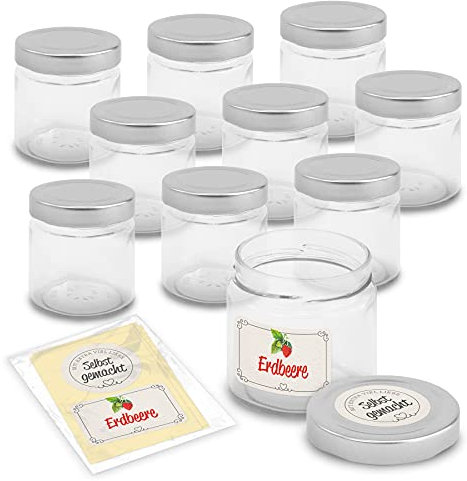 itenga 10x Marmeladengläser rund 212ml und passende Marmeladensticker Erdbeere Landhausstil - Einmachgläser modernes Glas Erdbeermarmelade